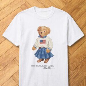 White Polo Bear American Flag Sweater Preppy Graphic Tee Reprint